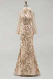 Champagen Mermaid High Neck Long Mother of the Bride Dress with Bow