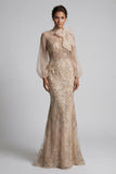 Champagen Mermaid High Neck Long Mother of the Bride Dress with Bow