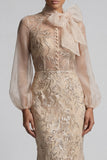 Champagen Mermaid High Neck Long Mother of the Bride Dress with Bow