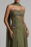 Olive Strapless A Line Long Mother of the Bride Dress with a Neck Scarf