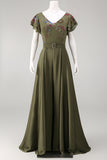 Olive V Neck Appliqued Long Mother of the Bride Jumpsuit with Flutter Sleeves