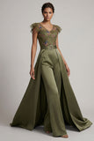 Olive V Neck Appliqued Long Mother of the Bride Jumpsuit with Flutter Sleeves