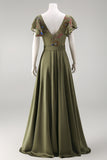 Olive V Neck Appliqued Long Mother of the Bride Jumpsuit with Flutter Sleeves