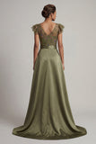 Olive V Neck Appliqued Long Mother of the Bride Jumpsuit with Flutter Sleeves