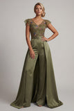 Olive V Neck Appliqued Long Mother of the Bride Jumpsuit with Flutter Sleeves