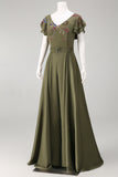 Olive V Neck Appliqued Long Mother of the Bride Jumpsuit with Flutter Sleeves