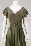 Olive V Neck Appliqued Long Mother of the Bride Jumpsuit with Flutter Sleeves