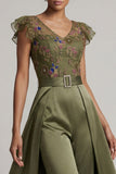 Olive V Neck Appliqued Long Mother of the Bride Jumpsuit with Flutter Sleeves