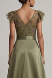Olive V Neck Appliqued Long Mother of the Bride Jumpsuit with Flutter Sleeves