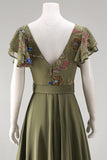 Olive V Neck Appliqued Long Mother of the Bride Jumpsuit with Flutter Sleeves
