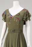 Olive V Neck Appliqued Long Mother of the Bride Jumpsuit with Flutter Sleeves