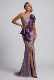 Sparkly One Shoulder Purple Mermaid Sequin Mother of the Bride Dress with Slit