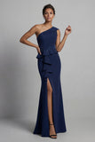Navy One Shoulder Long Beaded Mermaid Mother of the Bride Dress with Slit