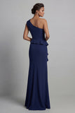 Navy One Shoulder Long Beaded Mermaid Mother of the Bride Dress with Slit
