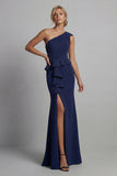 Navy One Shoulder Long Beaded Mermaid Mother of the Bride Dress with Slit