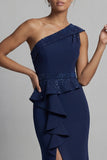 Navy One Shoulder Long Beaded Mermaid Mother of the Bride Dress with Slit