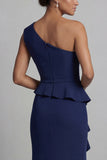 Navy One Shoulder Long Beaded Mermaid Mother of the Bride Dress with Slit