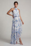 Halter Light Blue Asymmetrical A Line Floral Dress with Ruffles