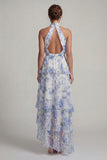 Halter Light Blue Asymmetrical A Line Floral Dress with Ruffles