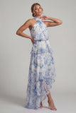 Halter Light Blue Asymmetrical A Line Floral Dress with Ruffles
