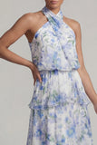 Halter Light Blue Asymmetrical A Line Floral Dress with Ruffles