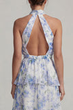 Halter Light Blue Asymmetrical A Line Floral Dress with Ruffles