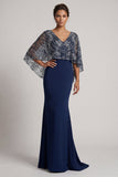 Sparkly Navy Sequins Mermaid V-Neck Mother Of the Bride Dress with Cape