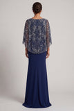 Sparkly Navy Sequins Mermaid V-Neck Mother Of the Bride Dress with Cape