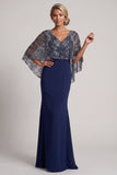 Sparkly Navy Sequins Mermaid V-Neck Mother Of the Bride Dress with Cape