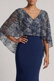 Sparkly Navy Sequins Mermaid V-Neck Mother Of the Bride Dress with Cape