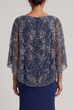 Sparkly Navy Sequins Mermaid V-Neck Mother Of the Bride Dress with Cape