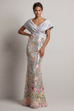Sparkly Silver V-Neck Sequin Mermaid Floral Long Mother Of the Bride Dress