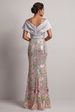 Sparkly Silver V-Neck Sequin Mermaid Floral Long Mother Of the Bride Dress