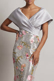 Sparkly Silver V-Neck Sequin Mermaid Floral Long Mother Of the Bride Dress