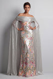 Sparkly Silver Floral Mermaid Sequin Long Mothe Of the Bride Dress with Side Cape