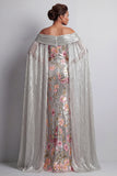 Sparkly Silver Floral Mermaid Sequin Long Mothe Of the Bride Dress with Side Cape