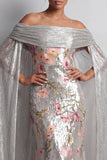 Sparkly Silver Floral Mermaid Sequin Long Mothe Of the Bride Dress with Side Cape