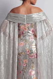 Sparkly Silver Floral Mermaid Sequin Long Mothe Of the Bride Dress with Side Cape