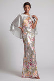 Sparkly Silver Sequin Mermaid Long Mother Of the Bride Dress with Cape