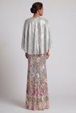 Sparkly Silver Sequin Mermaid Long Mother Of the Bride Dress with Cape