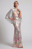 Sparkly Silver Sequin Mermaid Long Mother Of the Bride Dress with Cape