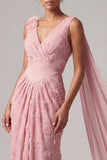 Pink Mermaid 3D Flowers Long Mother Of the Bride Dress with Streamer