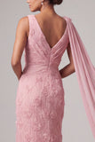Pink Mermaid 3D Flowers Long Mother Of the Bride Dress with Streamer
