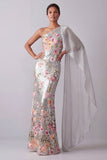Sparkly Silver Sequin One Shoulder Long Mother Of the Bride Dress with Side Cape