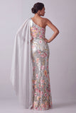 Sparkly Silver Sequin One Shoulder Long Mother Of the Bride Dress with Side Cape