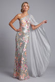 Sparkly Silver Sequin One Shoulder Long Mother Of the Bride Dress with Side Cape