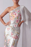 Sparkly Silver Sequin One Shoulder Long Mother Of the Bride Dress with Side Cape