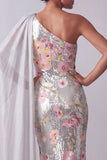 Sparkly Silver Sequin One Shoulder Long Mother Of the Bride Dress with Side Cape