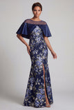 Navy Floral Mermaid Beaded Long Mother Of the Bride Dress with Slit