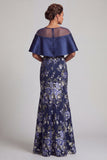 Navy Floral Mermaid Beaded Long Mother Of the Bride Dress with Slit